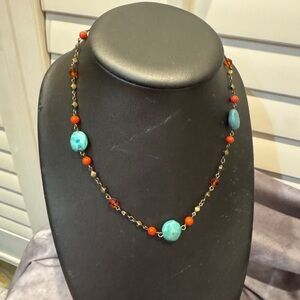 Turquoise and Coral Bead Station Necklace - Women Jewelry